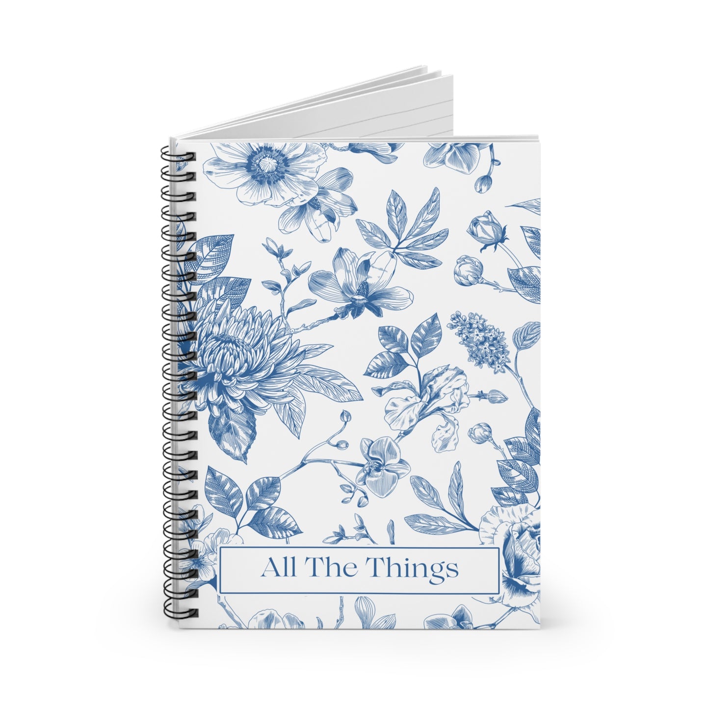 Blue and White Floral Spiral Notebook - "All The Things" - Perfect for Journaling and Planning, Gifts for Her, Chinoiserie
