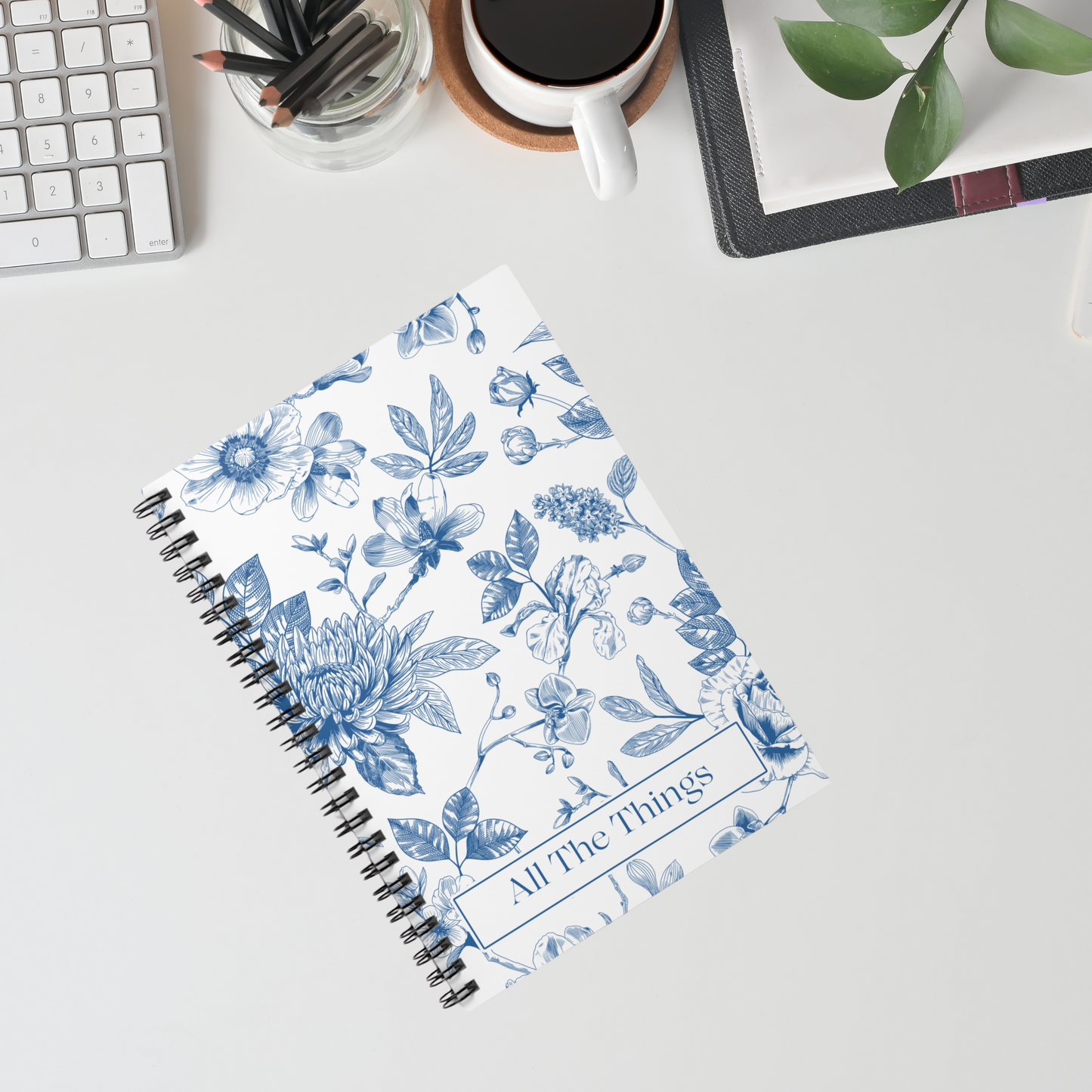 Blue and White Floral Spiral Notebook - "All The Things" - Perfect for Journaling and Planning, Gifts for Her, Chinoiserie