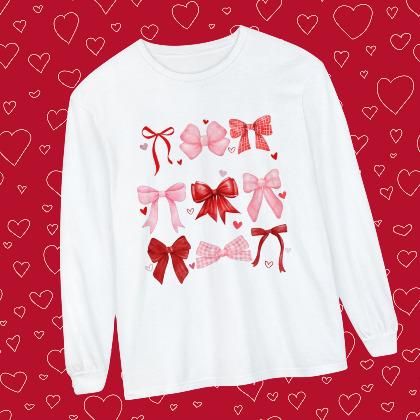 Comfort Color Long Sleeve Shirt, Women's Valentine Day Shirt, Bow Shirt, Heart Shirt, Gift For Her