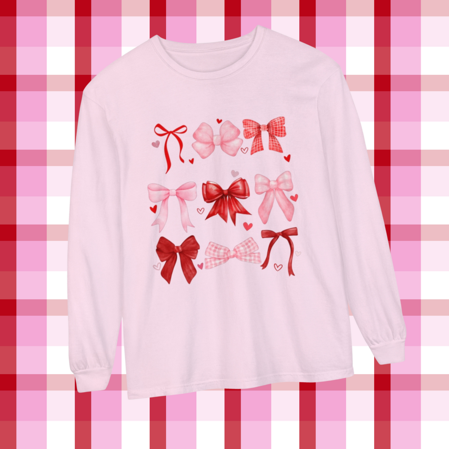 Comfort Color Long Sleeve Shirt, Women's Valentine Day Shirt, Bow Shirt, Heart Shirt, Gift For Her