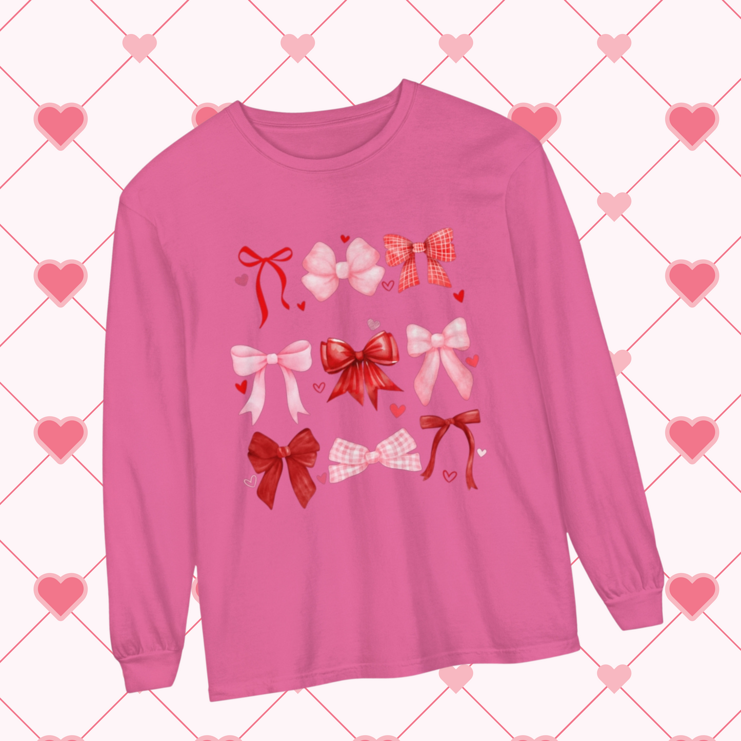 Comfort Color Long Sleeve Shirt, Women's Valentine Day Shirt, Bow Shirt, Heart Shirt, Gift For Her