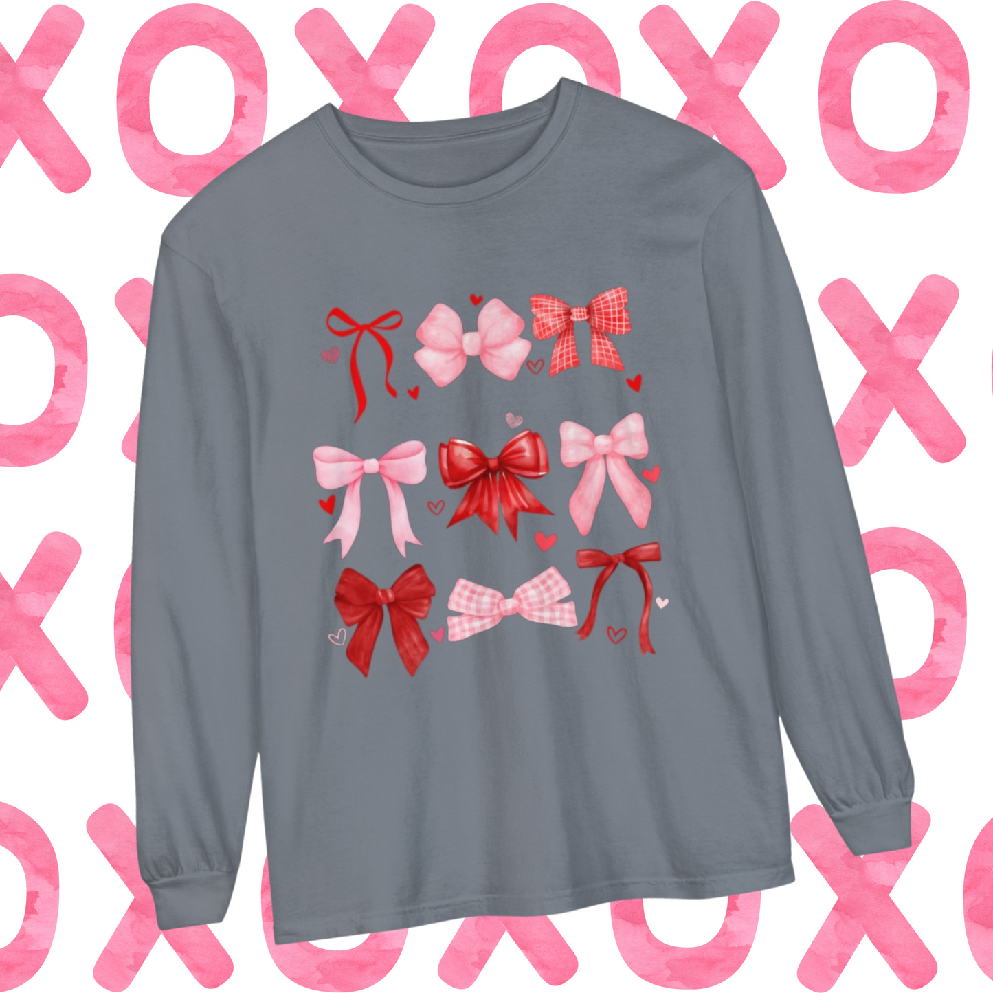 Comfort Color Long Sleeve Shirt, Women's Valentine Day Shirt, Bow Shirt, Heart Shirt, Gift For Her