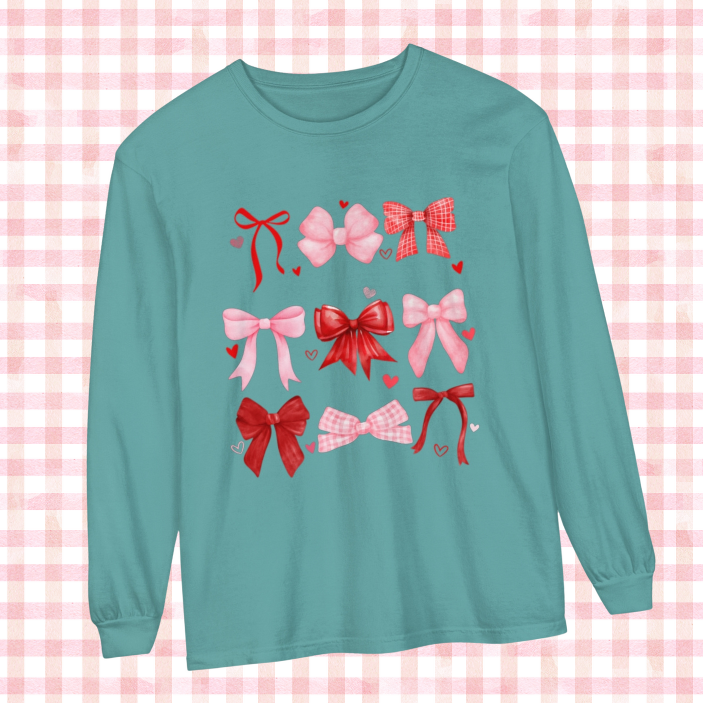 Comfort Color Long Sleeve Shirt, Women's Valentine Day Shirt, Bow Shirt, Heart Shirt, Gift For Her