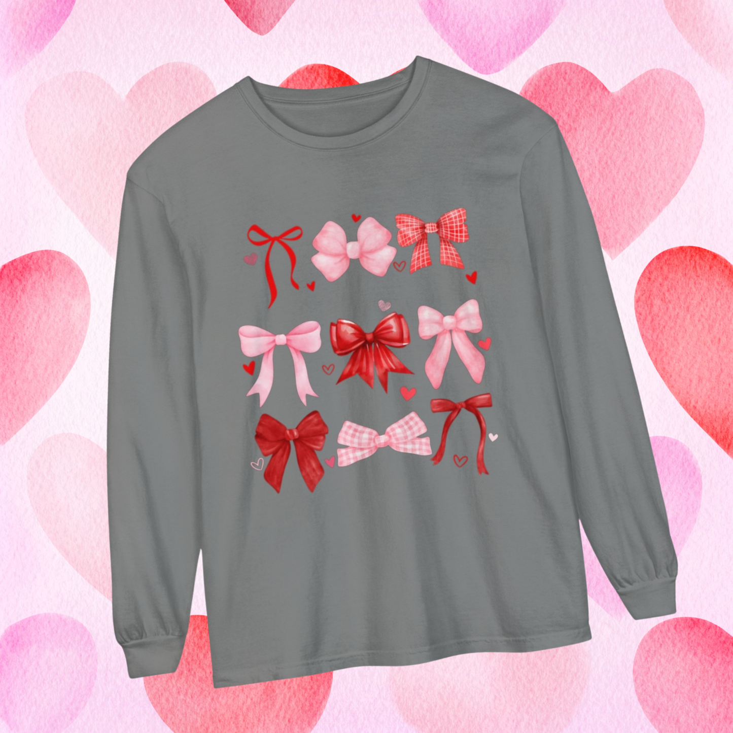 Comfort Color Long Sleeve Shirt, Women's Valentine Day Shirt, Bow Shirt, Heart Shirt, Gift For Her