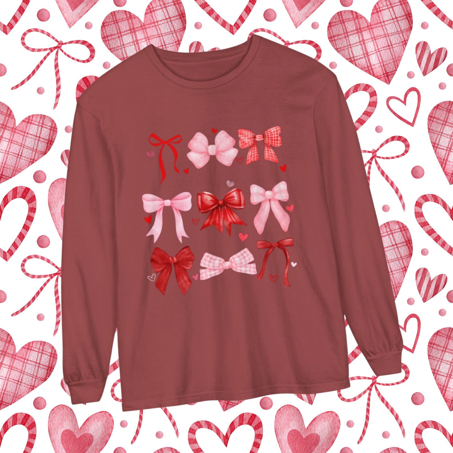 Comfort Color Long Sleeve Shirt, Women's Valentine Day Shirt, Bow Shirt, Heart Shirt, Gift For Her