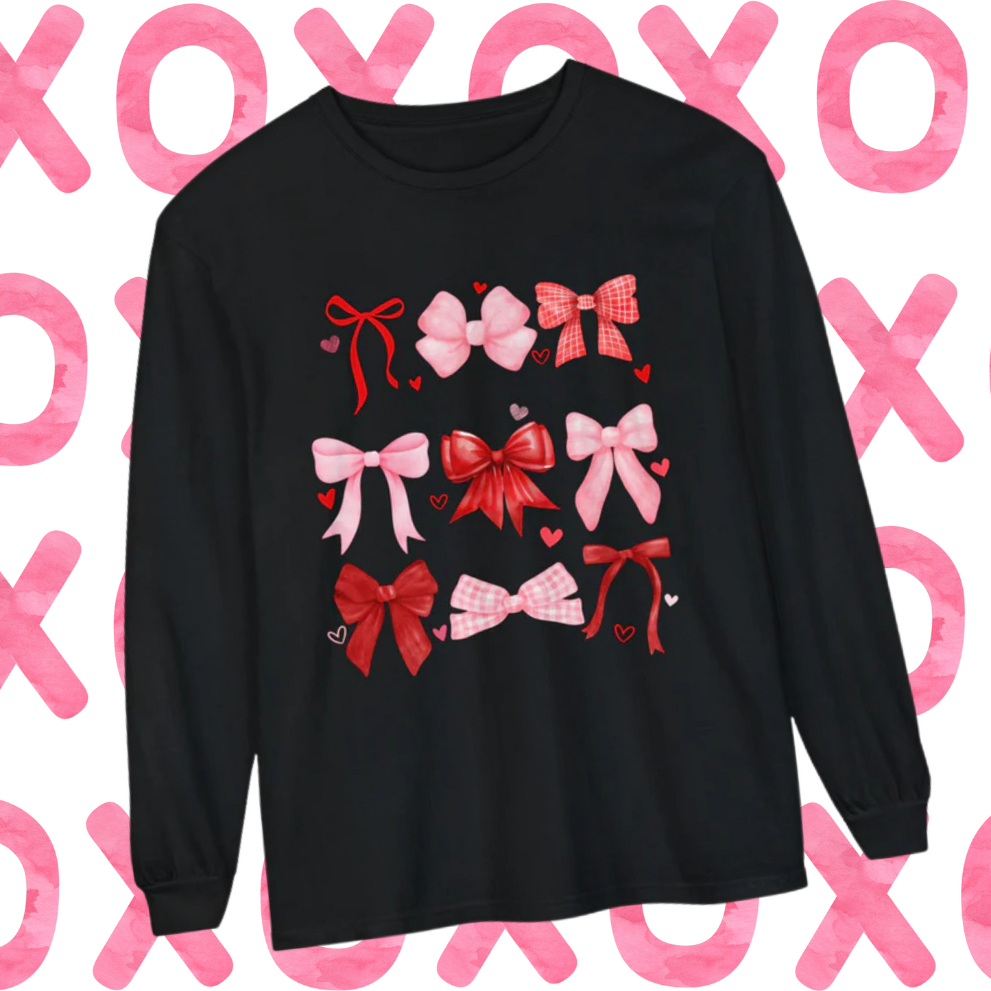 Comfort Color Long Sleeve Shirt, Women's Valentine Day Shirt, Bow Shirt, Heart Shirt, Gift For Her