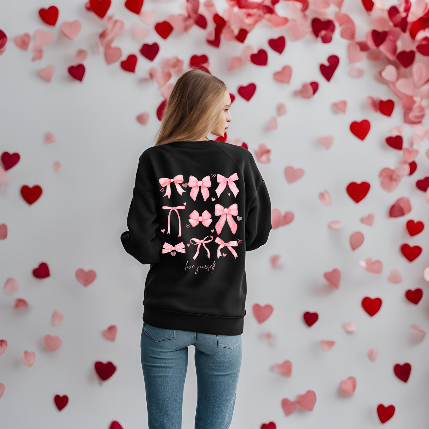 Women's Valentine Sweatshirt, Heart with Bows Sweatshirt, Bow Sweatshirt, Heart Sweatshirt, Valentine's Day Sweatshirt, Gift for Her